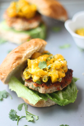 Blackened Chicken Burgers with Warm Mango Salsa