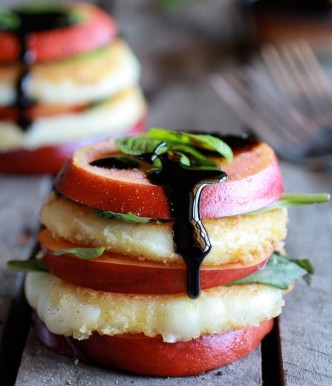 Fried Mozzarella, Basil and Nectarine Stacks with Balsamic Glaze